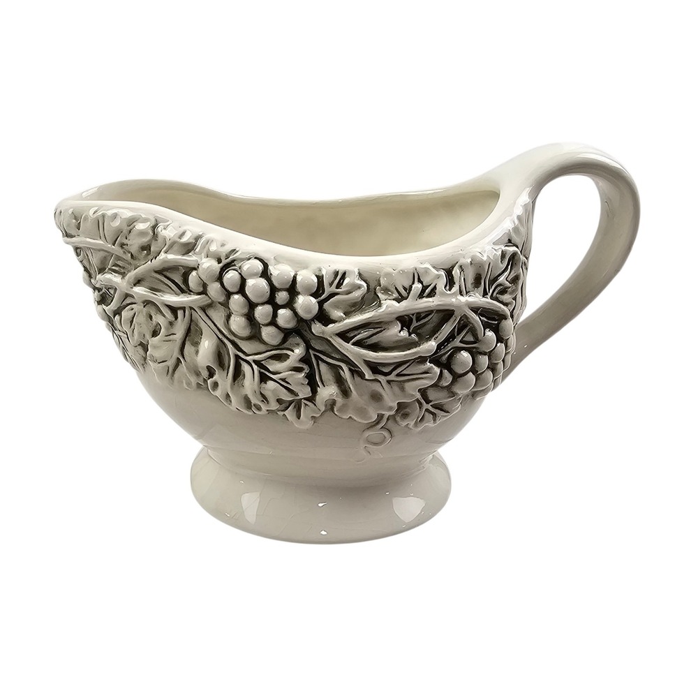 WCL Cream Ceramic Gravy Boat Embossed Grape Vine Motif Traditional Serving Ware